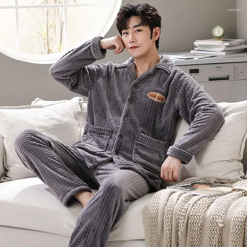 Men's Sleepwear 3Xl Men Autumn Winter Pajamas Set Casual Thick Long Sleeve Pants Home Clothes Nightwear Male Homewear Loungewear Costumes