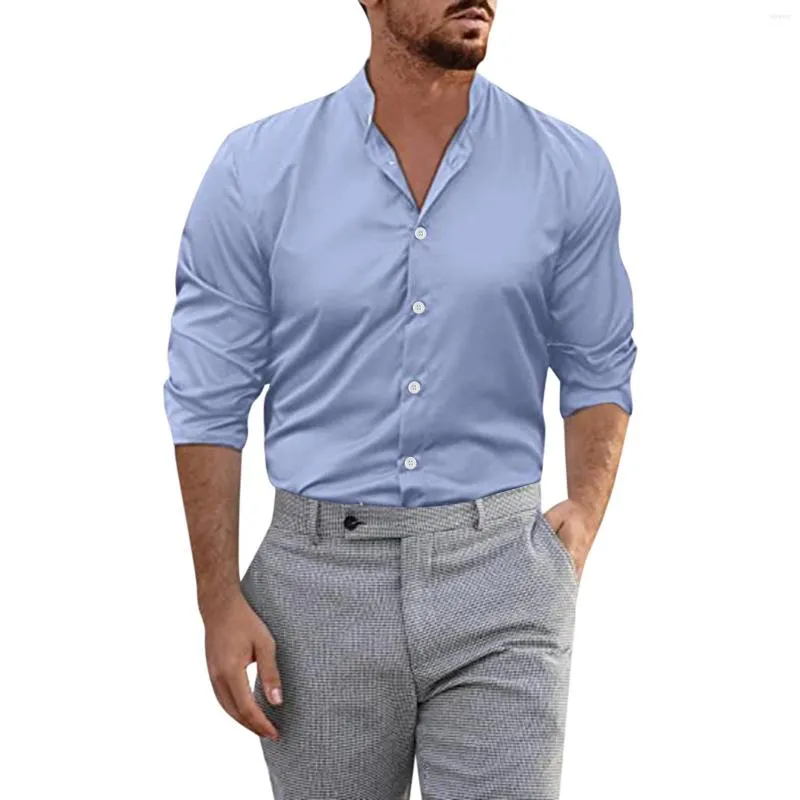 Mäns casual skjortor män mode koreansk stil kläder fast färg smal långärmhet stativ krage singel breasted skjorta vintage