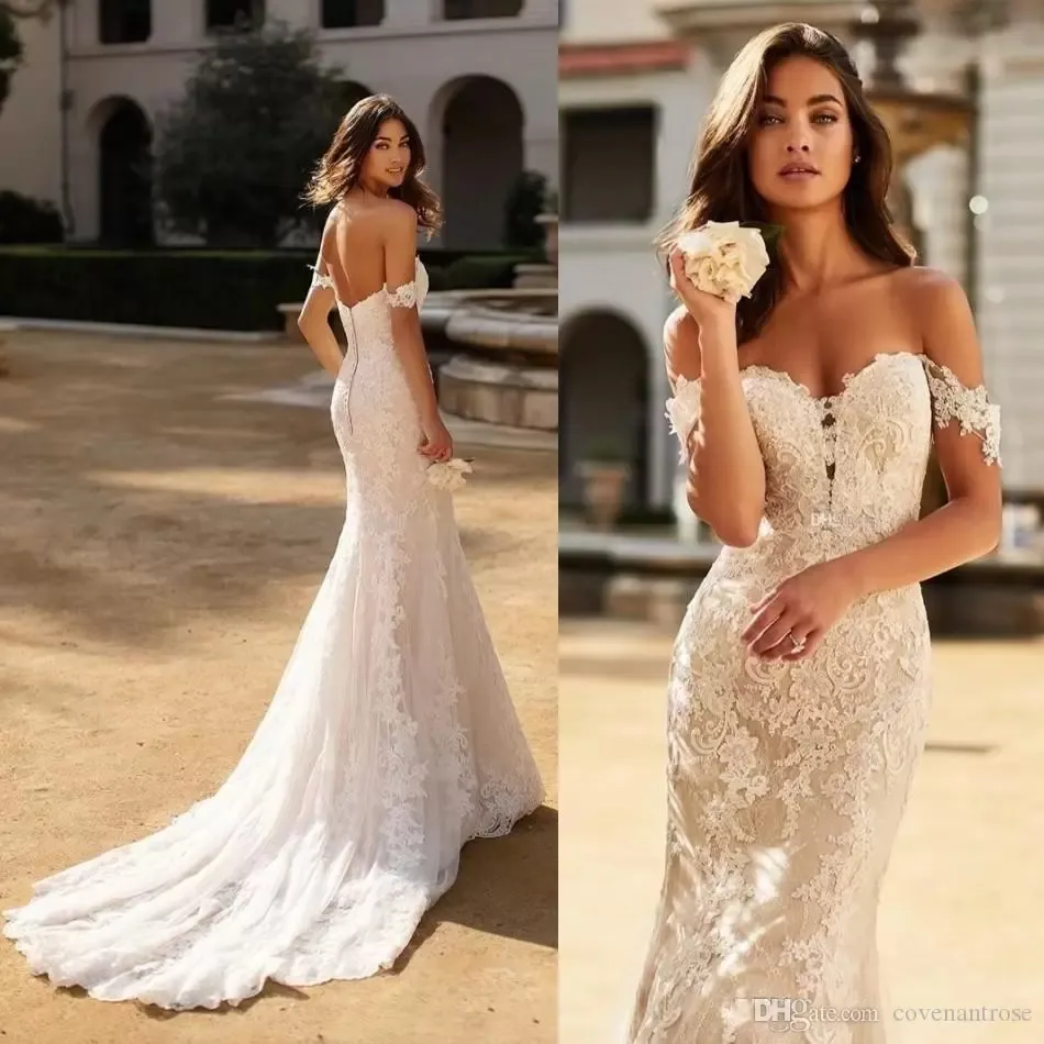 Vestidos de noiva sexy de sereia berta fora da renda dos ombros Sexy para trás, vestidos de noiva sem tamanhos de varredura PLUS