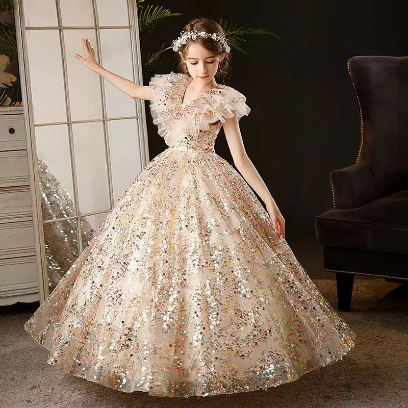 Robe à fleurs en cristal doré pour filles, robes de concours, robe de bal perlée, vêtements pour nourrissons, robes d'anniversaire pour petits enfants, 2023