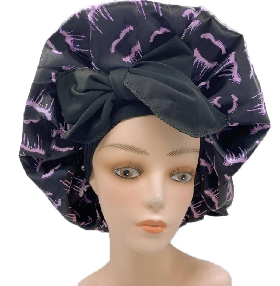 114 Whole Designer Letters Print Lace Up Shower Caps Wide Brimmed Bath Hat Waterproof Silk Satin Hair Care Bonnets Round Fi4122966