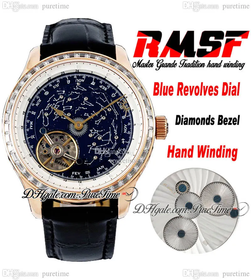 Orologio da uomo meccanico a carica manuale Master Grande Tradition RMSF oro rosa 43 diamanti baguette quadrante blu girevole orologi Super Edition in pelle nera Puretime B2