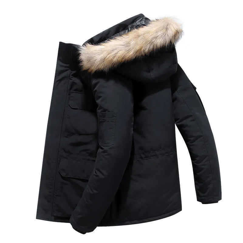 Men's black fur coat European and American down jacket Winter fashion parka waterproof windproof fabric thick embroidery shoulder strap warm classic coat