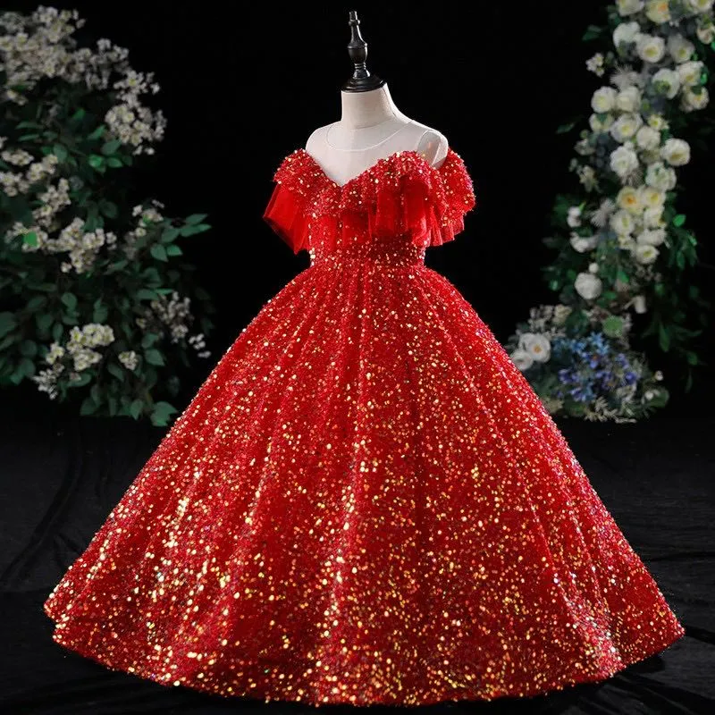 Gold Crystal Flower Girls Dress Pageant Dresses Red Sequined Ball Gown Beaded Toddler Infant Clothes Little Kids Birthday Christmas Gowns 403