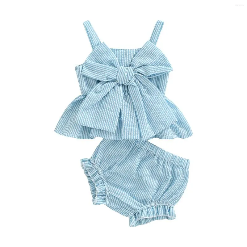 Kleidungssets Baby-Shorts-Set, gestreifter Aufdruck, große Schleife, verziert, ärmelloses Sling-Oberteil, hohe Taille, dehnbar