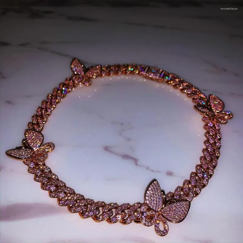 Gargantilla de 12mm rosa Cz collar de mariposa de eslabones cubanos para mujer joyería de moda de Hip Hop