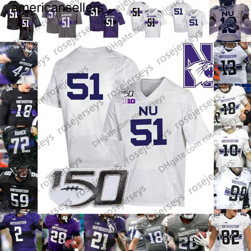 2019 Northwestern # 13 Trevor Siemian 51 Pat Fitzgerald 28 Jeremy Larkin 11 Aidan Smith Noir Gris Violet Blanc Vintage CFB 150TH Jersey