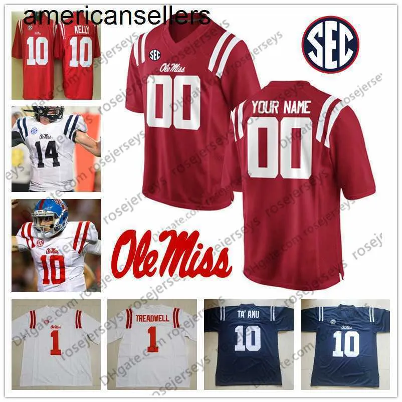 Personalizzato Ole Miss Rebels Football Qualsiasi nome Numero Rosso Blu Bianco 10 John Rhys Plumlee 2 Matt Corral 22 Scottie Phillips Jersey