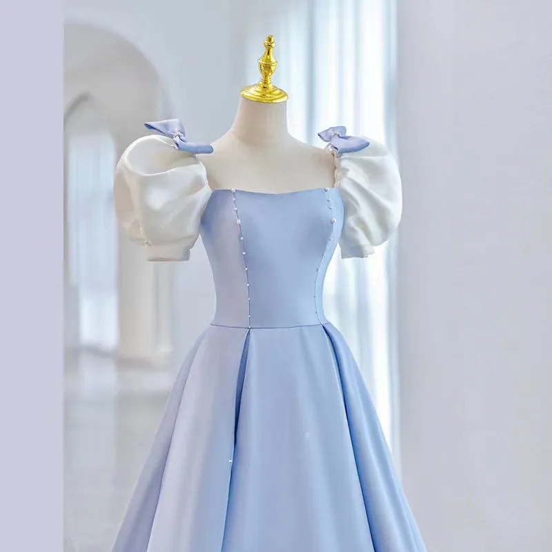 Blue Sweetheart Princess Ball Gown with Beaded Satin and Long Sweep Train - Sleeveless evening prom dress