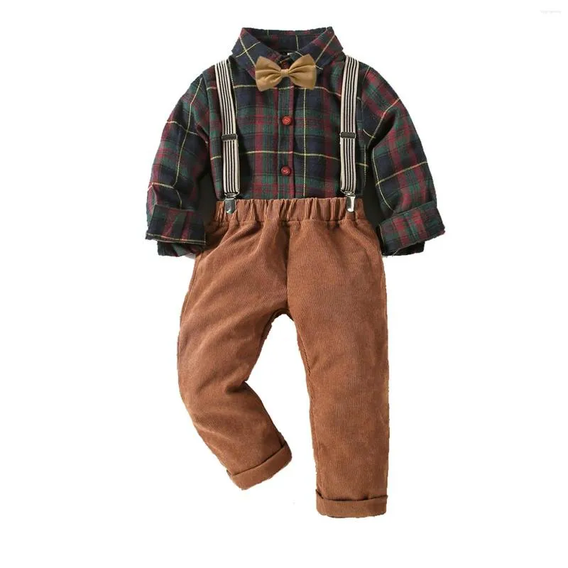 Clothing Sets Kids Infant Baby Boys Pants Set Long Sleeve Plaid Shirt With Suspender Bow Tie Spring Autumn 2Pcs Outfit 18M-6T
