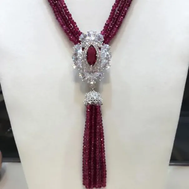 Mode smycken lila Jade Stone Zircon Clasp Tassel Necklace Long