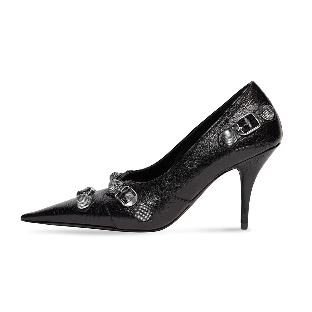 Decoraci￳n de diamantes de bot￭n del cintur￳n zapatos formales de cuero para mujeres Partes de tac￳n de tac￳n alto puntiagudo