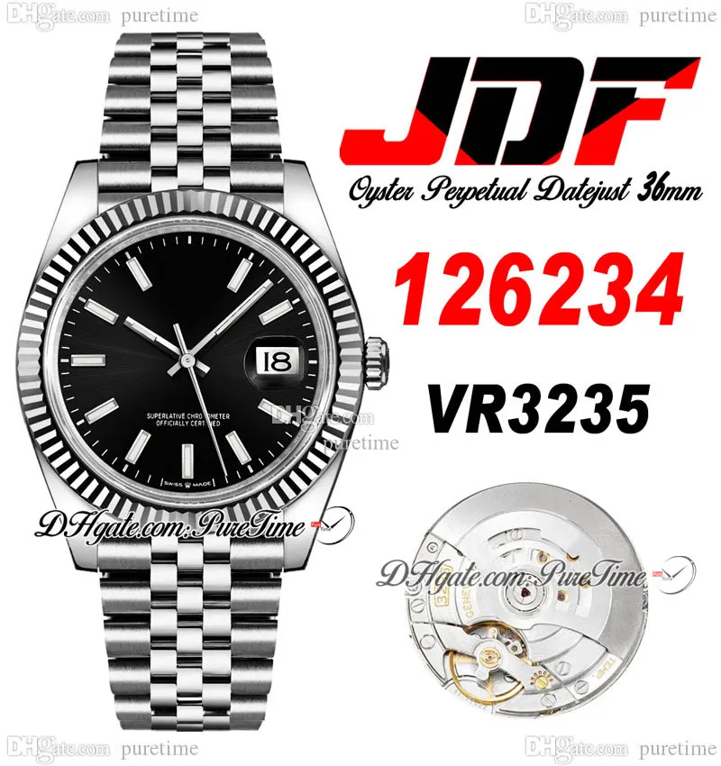 JDF Just 36 126234 VR3235 Automatik-Herrenuhr V2 mit geriffelter Lünette, schwarzes Zifferblatt, Strichmarkierungen, Jubileesteel 904L-Stahlgehäuse und Armband, Super Edition-Uhren, Puretime A1