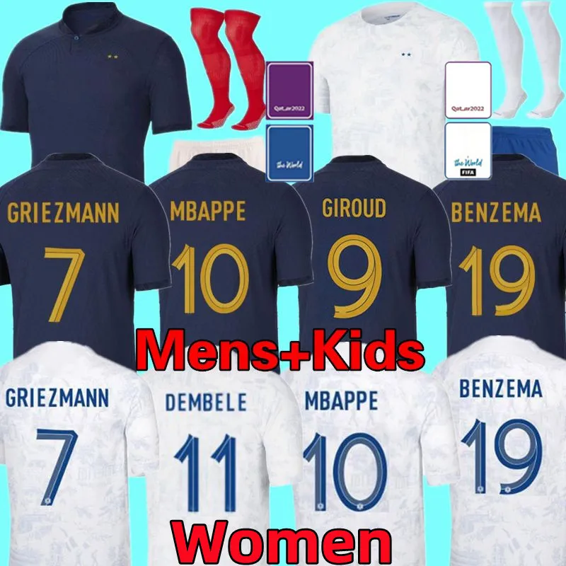 2022 France Mbappe Griezmann Soccer Jerseys Dembele Benzema Giroud Guendouzi Tchouameni Varane Kounde Benzema NKUNKU DE FALTALL SHIRT MEN KIT ZESTAW KIT KIT ZESTAW