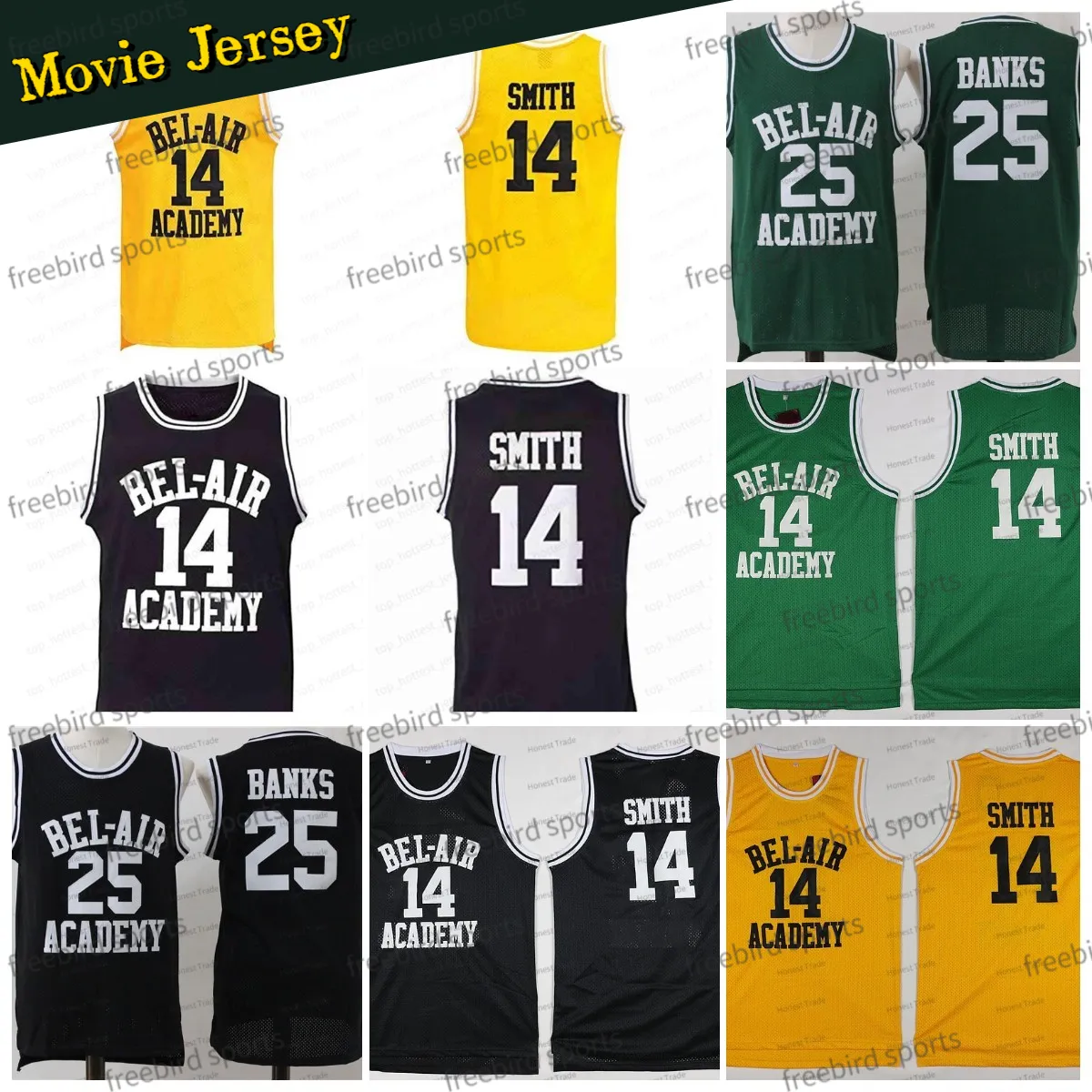 Movie 14 Will Smith Basketball Jersey The Fresh Prince of Bel-Air Stitched Black Green Yellow 25 Carlton Banks Jerseys Men Outdoors Apparel