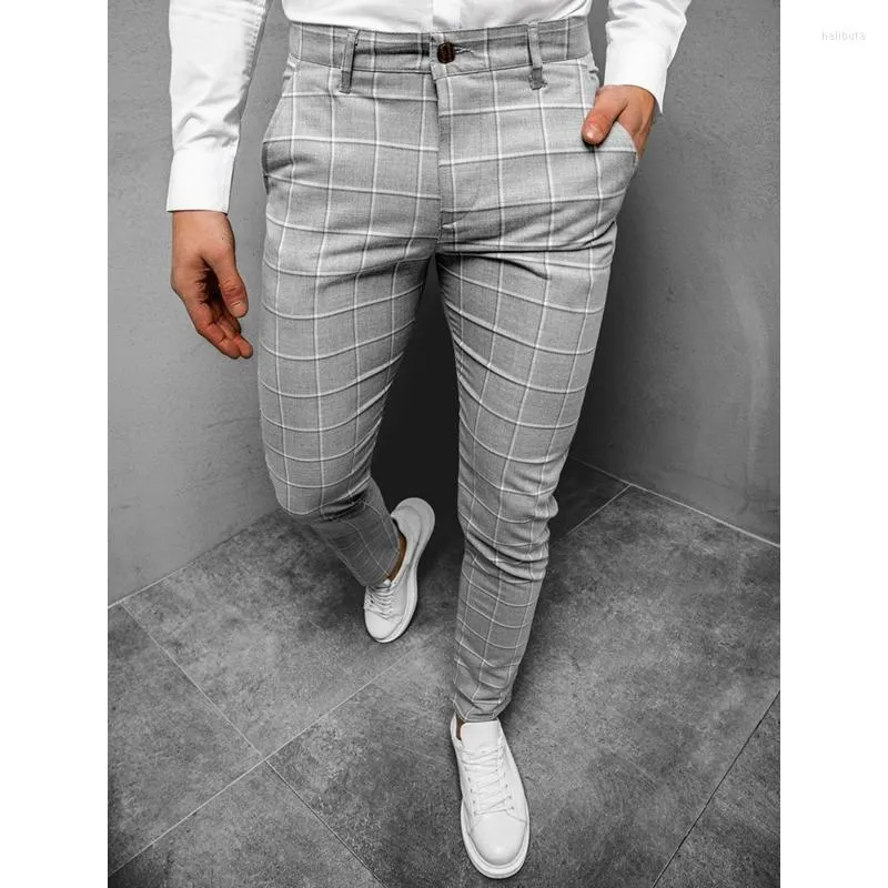 Men's Pants Men's Spring Summer Fashion Business Slim Plaid Pocket Casual Mid-Waist Button Formal Pencil Trousers