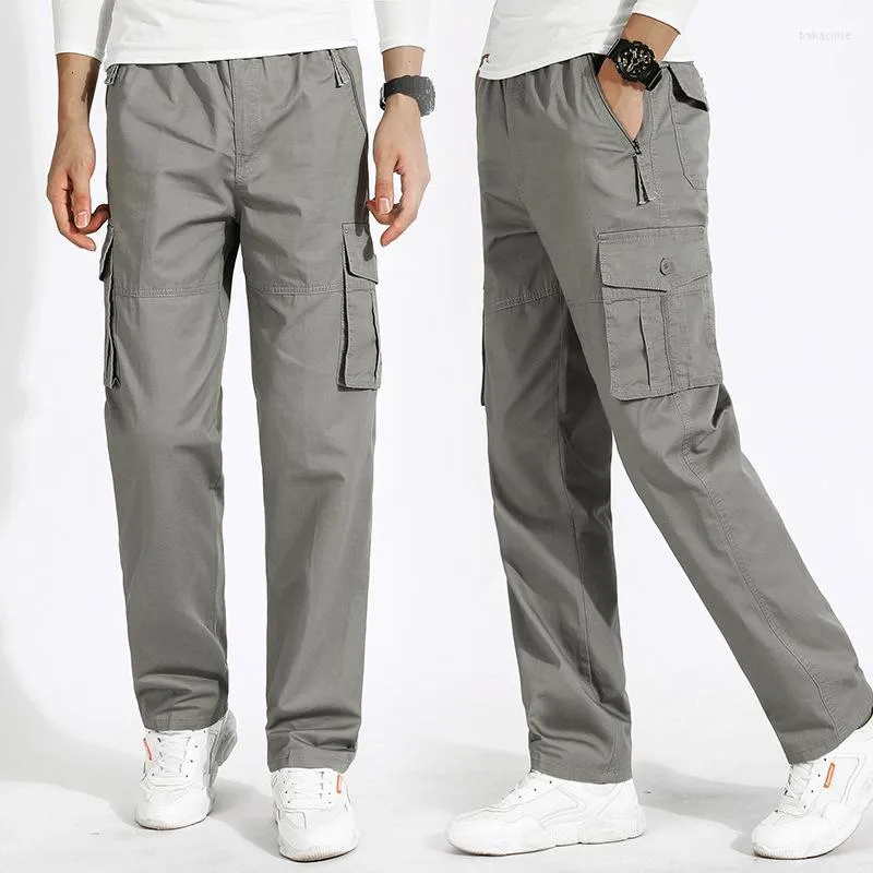 Men's Pants Casual Cargo Men Four Seasons 95% Cotton Trousers Multi Pockets Loose Straight Jogging M-5XL For Middle Aged