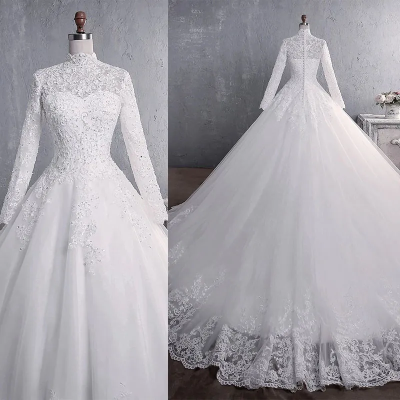 Muslim Wedding Dress 2022 Elegant High Neck Princess Bride Dresses Crystal Beaded Luxury Lace Embroidery Wedding Gown Vestido De Noiva