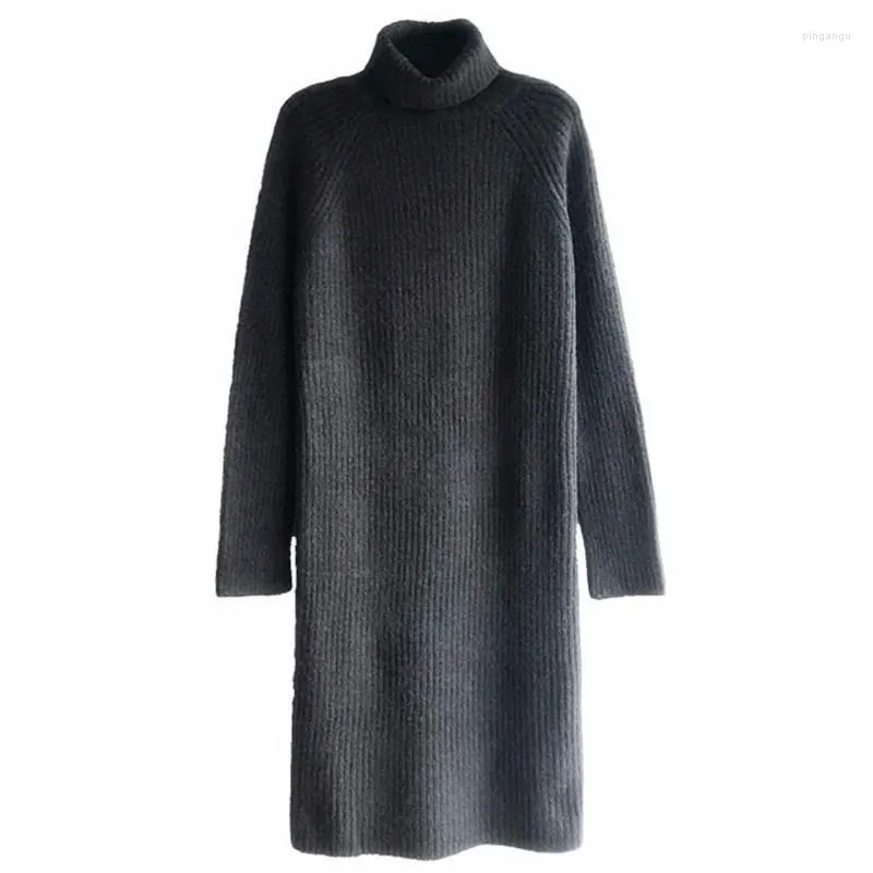 Lässige Kleider Rollkragenpullover Kleid Frauen Herbst und Winter Mittellange lose wilde koreanische gestrickte Bodenbildung weibliche Verdickung