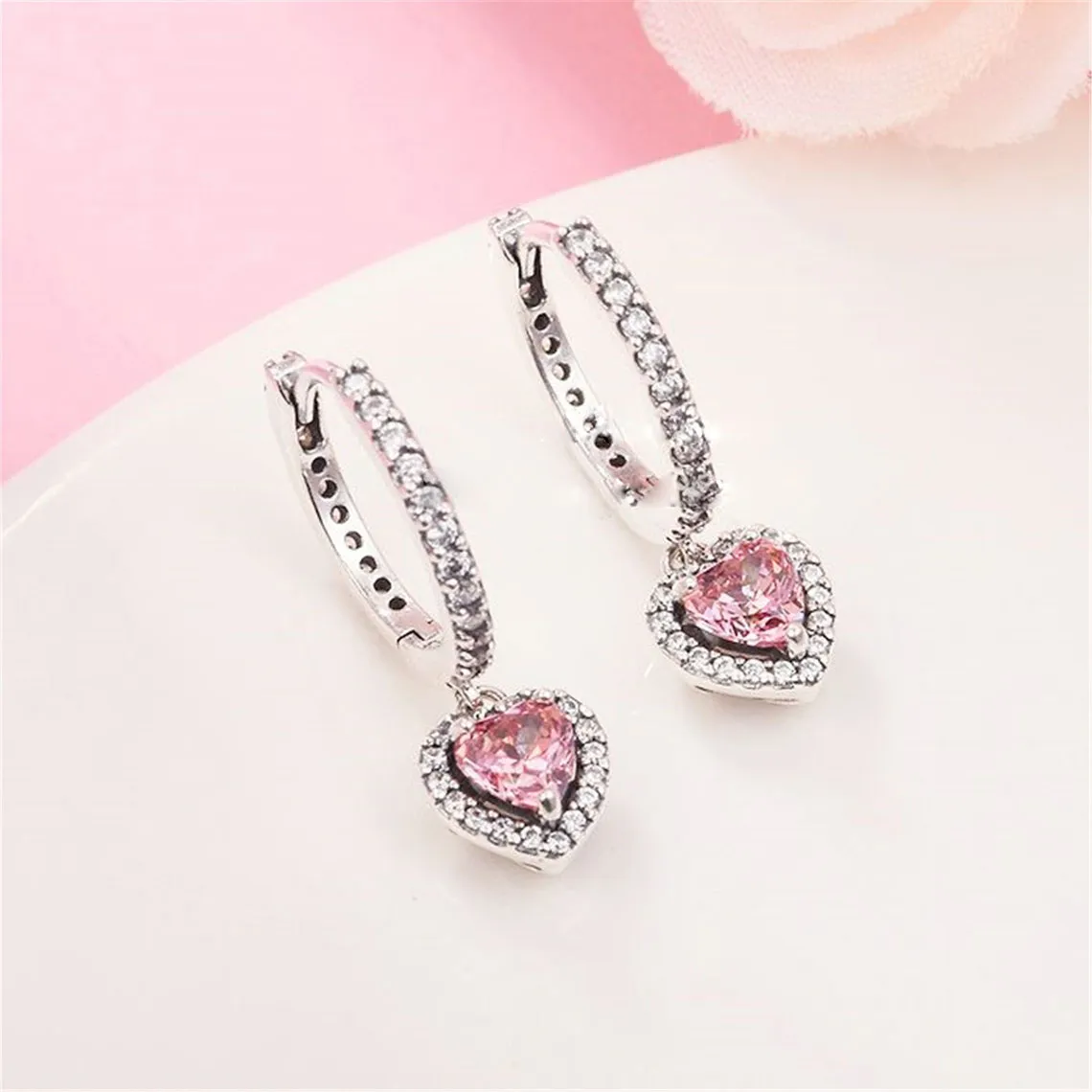 925 Sterling Silver Sparkling Halo Heart Hoop Earrings Fits European Pandora Style Jewelry Fashion Earrings