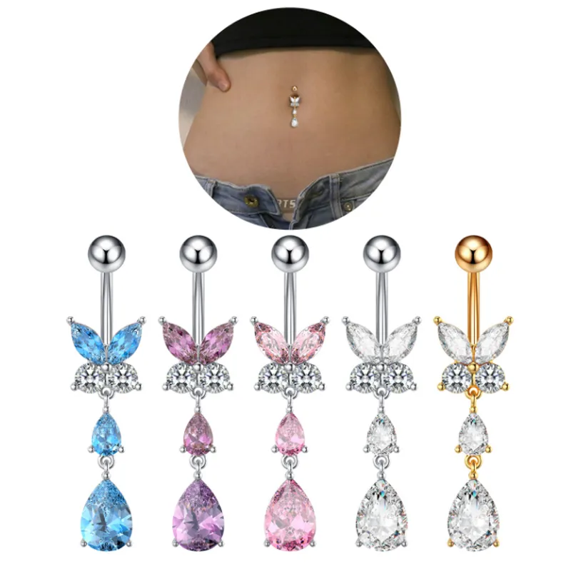 Dangle Water Drop Butly Belly Pierścień Body Body Cyrkon Prążki pępka biżuteria dla kobiet dziewczyn