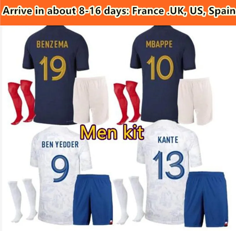 Mens French Soccer Jersey Kit Benzema Mbappe 22 23 Griezmann Pogba Kante Vuxen fotbollsskjorta Shorts and Socks Dembele Varane Giroud