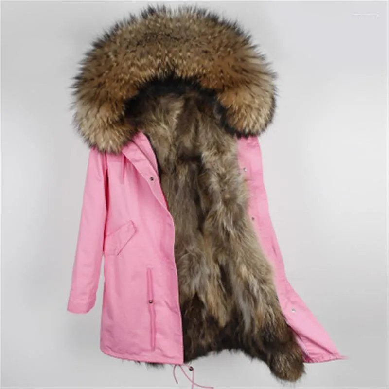 Trench da donna 2022 Cappotto lungo in vera pelliccia Giacche calde femminili Colletto di procione naturale con parka foderato Inverno donna