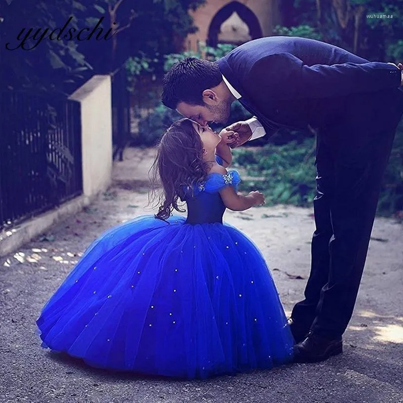 Girl Dresses Blue Children's Prom Dress A-Line Sleeveless Fashion Long Glitter Evening Lace Princess Night Formal Party Gown Tutu Skirt