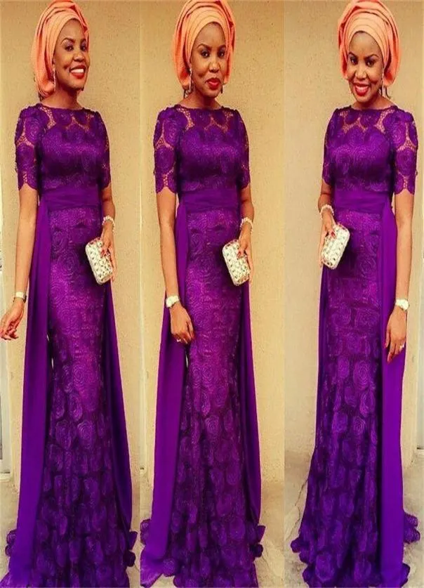 Modest Lace Mermaid Saudi Arabia Purple Evening Dresses Arabic Dubai