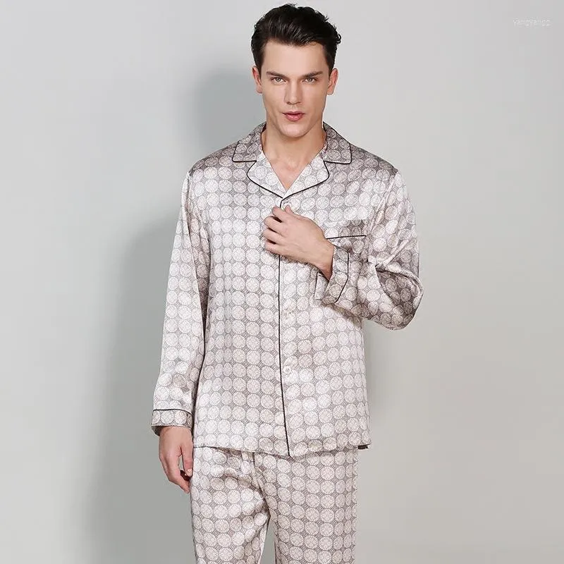 Men's Sleepwear Classic Mulberry Silk Men Pajama Sets Print Noble Notch Collar Full Sleeves Top Full-Length Pant With Elastic Waist Sp0181