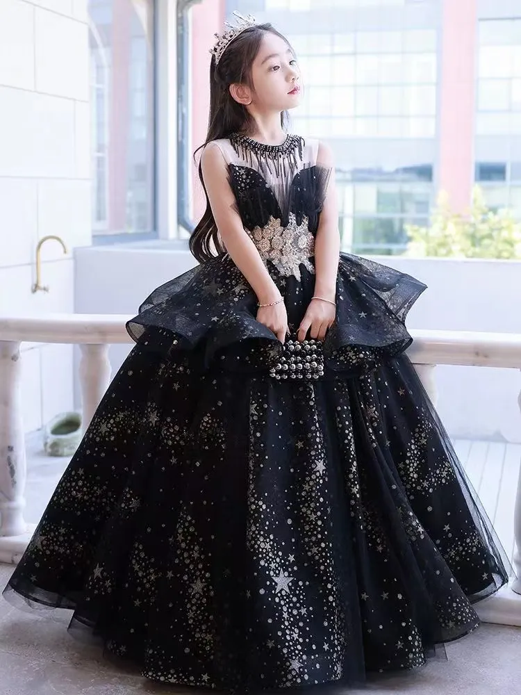 Black Flower Girls' Dresses For Wedding Lace Applique Ruffles Kids Formal Wear Sleeveless Long Beach Girl's Pageant Gowns 403