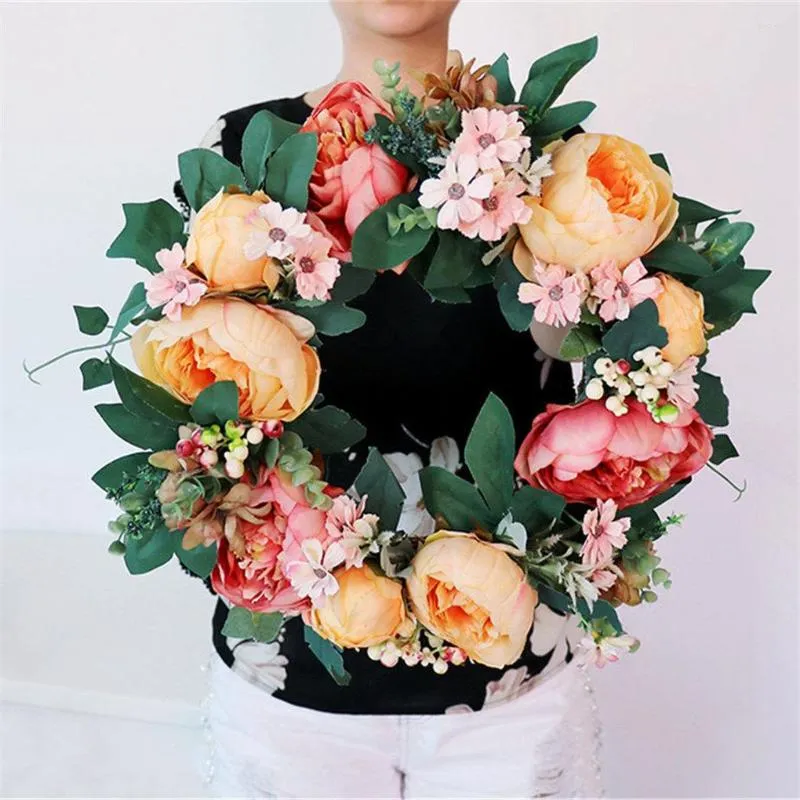 Decorative Flowers Artificial Flower Wreath Home Office Door Simulation Floral Decor Hanging Fake Garland Orange Yellow Pink