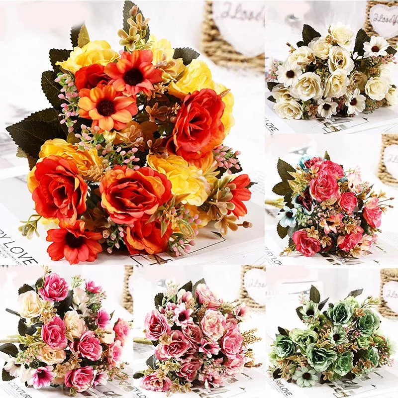 Decorative Flowers Bouquet Fake Small Bunch Rose Artificial Plant DIY Decoration Home Party Decor Beautiful Wedding Seductive