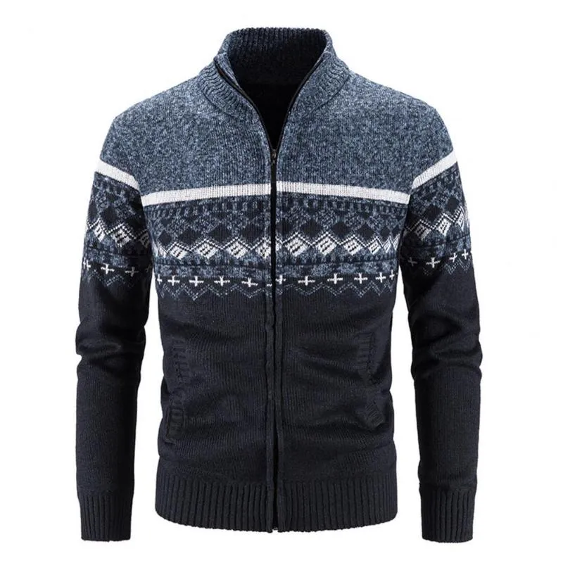 Men's Sweaters Men's Knitted Cardigan Zipper Closure Print Patchwork Stand Collar Male Jacket Sweater Simple