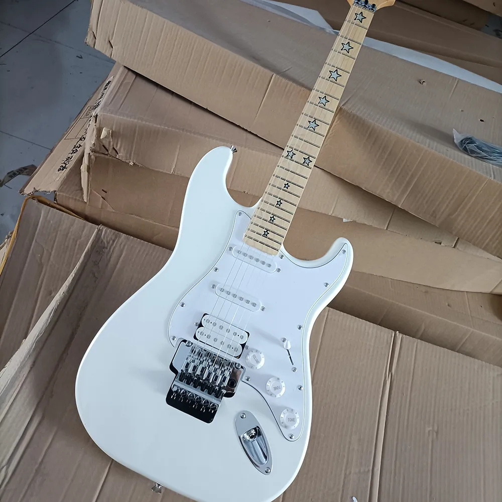 6 strängar vit elektrisk gitarr med stjärna inlay floyd rose lönn fretboard anpassningsbar