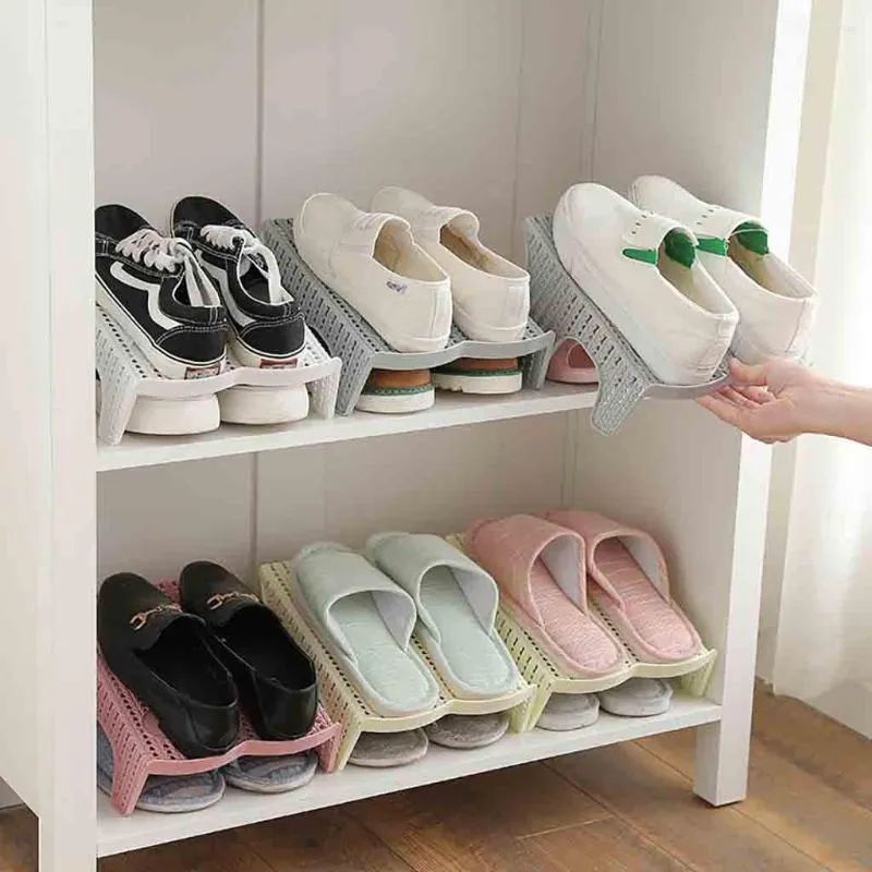 의류 저장 신발 슬롯 주최자 스탠드 홀더 도매 이중 레이어 플라스틱 공간 절약 신발 상자 도구