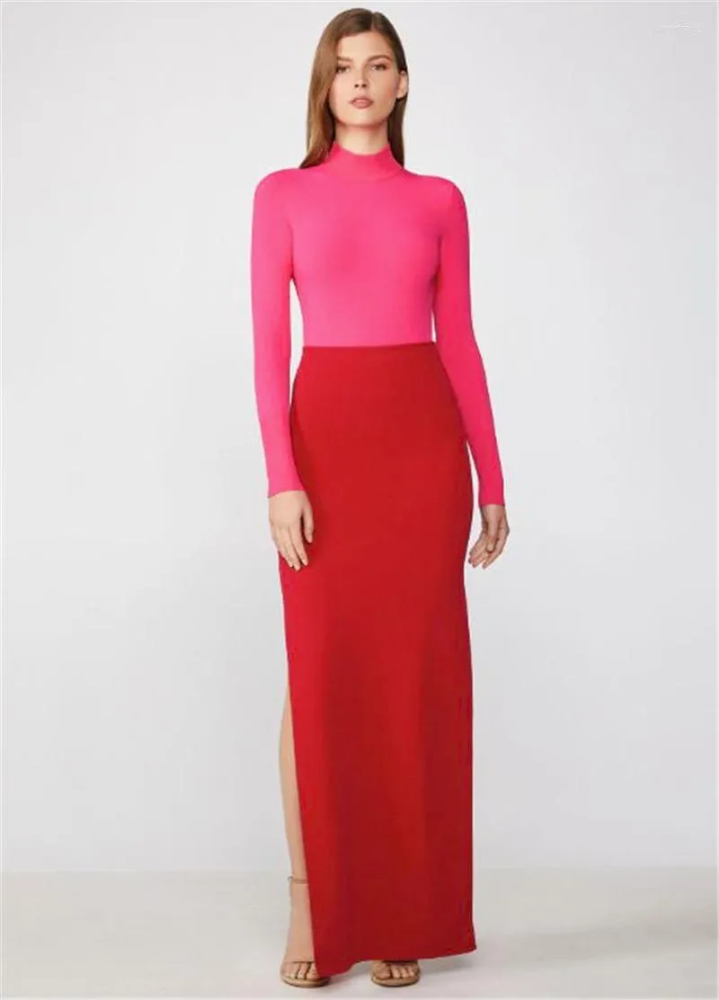 Casual jurken beroemdheid vrouwen feestjurk lange mouw roze rood patchwork mager spleetband maxi avond