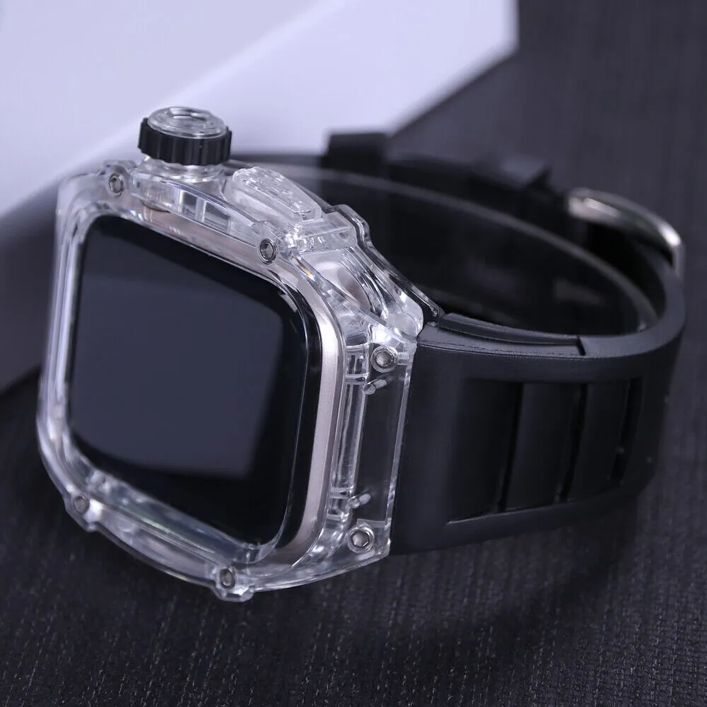 Dla Apple Watch Series 8 7 6 5 4 SE Clear Polykarbonal Sports AP Mod Kit Case Fluororubber Ochronne pasmo pasowe 44 mm 45 mm