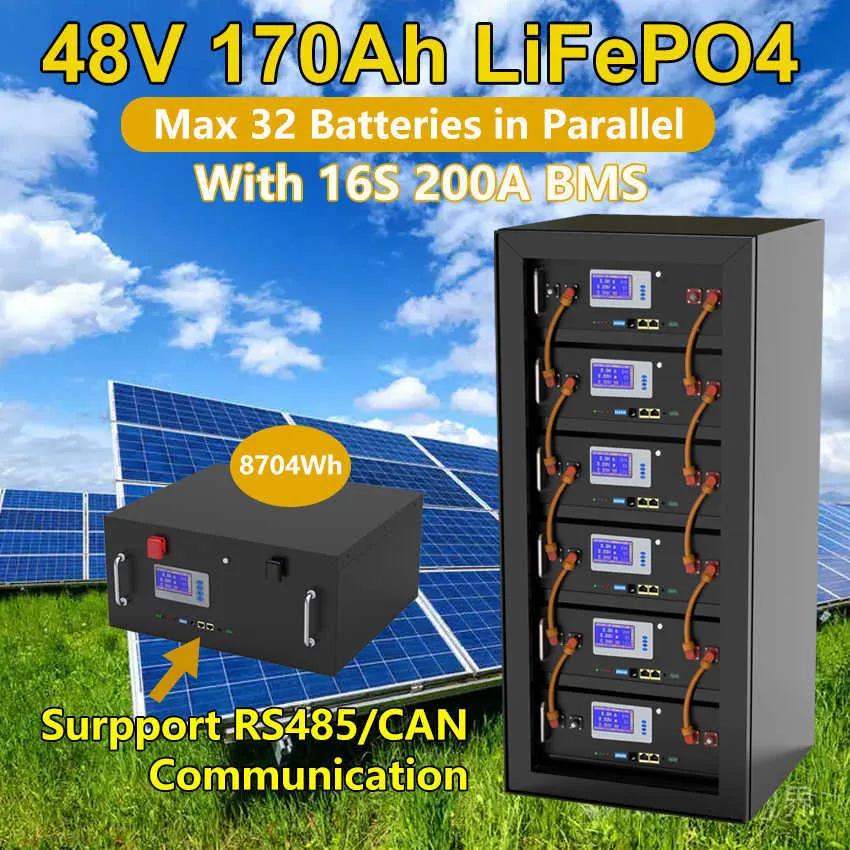 Batterie 48V 170Ah LiFePO4 51.2V 200Ah 150Ah 100Ah 16S 200A BMS Pleine Capacité 6000 Cycles avec RS485 CAN Communication