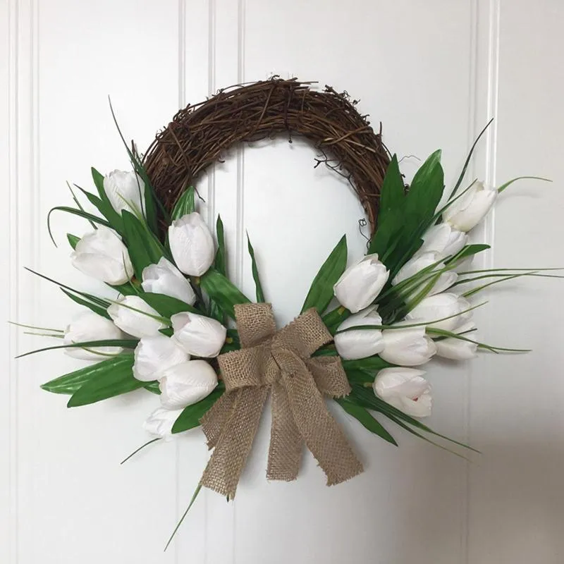 Couronne de tulipes blanches artificielles, fleurs décoratives, décoration de porte d'entrée, fleur de printemps en rotin pour mur de ferme, fête de mariage