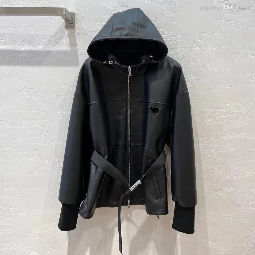 여성 디자이너 후드 재킷 삼각형 패션 긴 소매 진짜 가죽 자켓 E8181