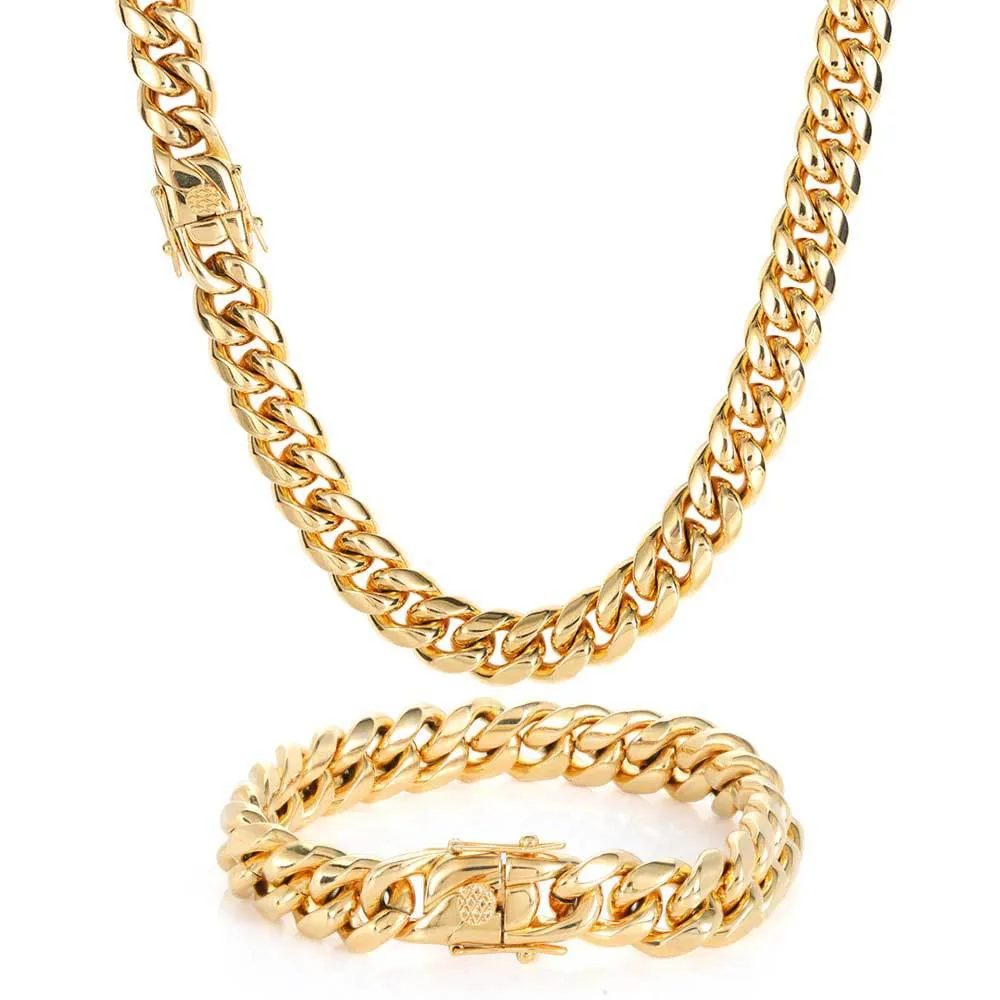 Cuban Link Chain Necklace Bracelet Jewelry Set 18K Real Gold Plated Stainless Steel Miami Necklace with Design Spring Buckle