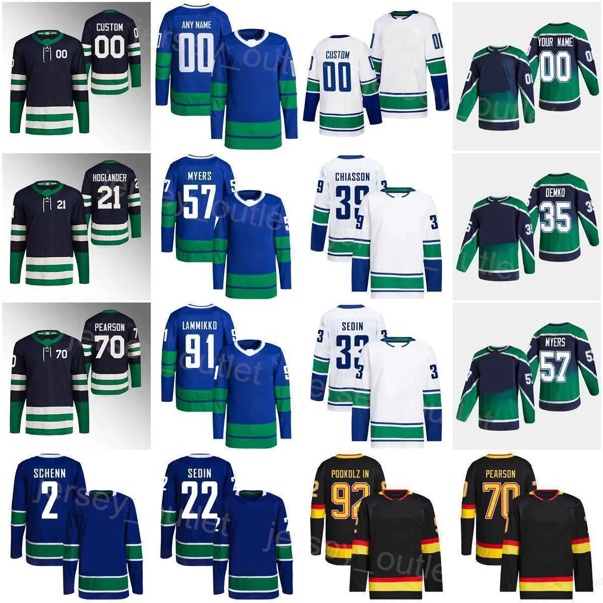 Män barn kvinnor hockey''nhl'''reverse retro 21 nils hoglander jersey 70 tanner pearson 92 vasily podkolzin 57 tyler myers 35 Thatcher demko