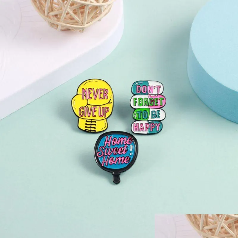 Pins Brooches Womens Designer Brooches Pins Never Give Up English Inspirational Quotes Design Fashion Badge Bags Accessorie Dhgarden Dh3Cr