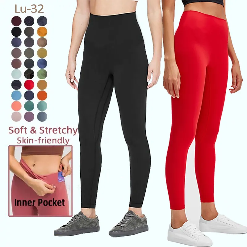 Lycra-stof Effen kleur Dames yogabroek Hoge taille Sportgymnastiekkleding Leggings Elastic Fitness Lady Outdoor-sportbroek met zakken