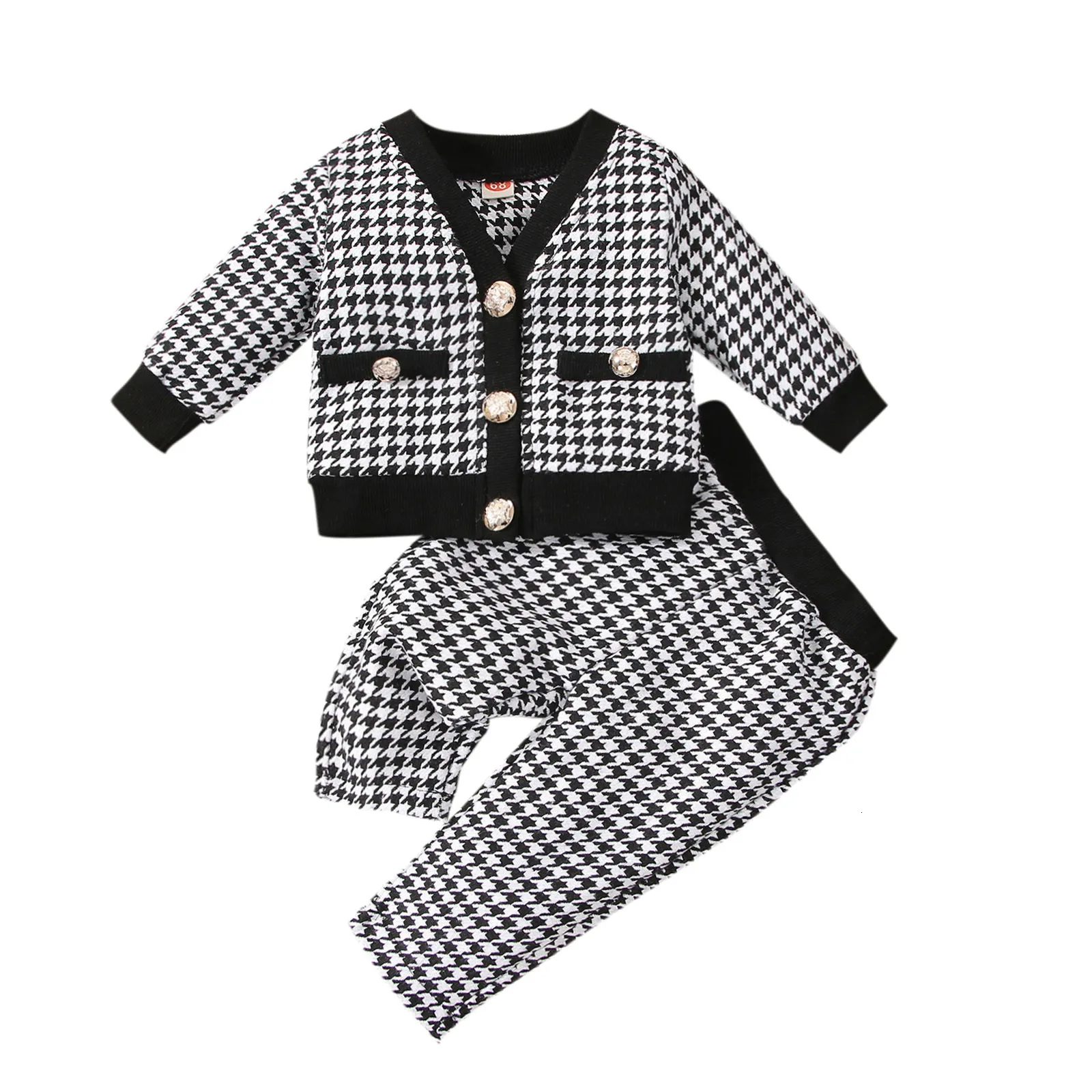 Kl￤derupps￤ttningar Eleganta babyflickans toppar Set L￥ng￤rm Houndstooth M￶nster V Neckknappad elastisk midja Pants Kids 221125