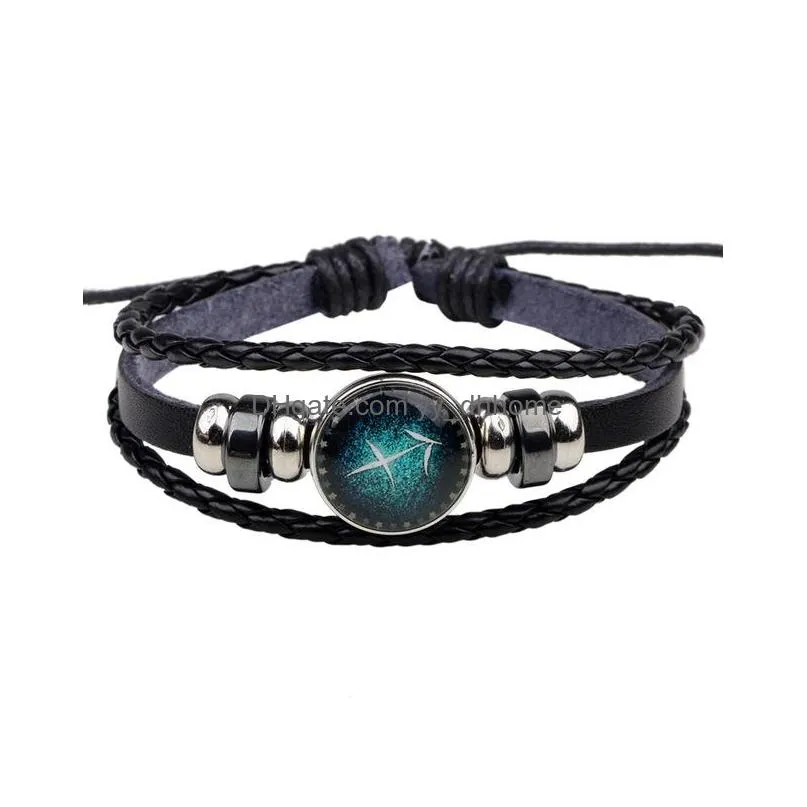 Charm Bracelets Black Leather 12 Constellation Zodiac Sign With Beads Bracelet Drop Delivery Jewelry Bracelets Dhcdv