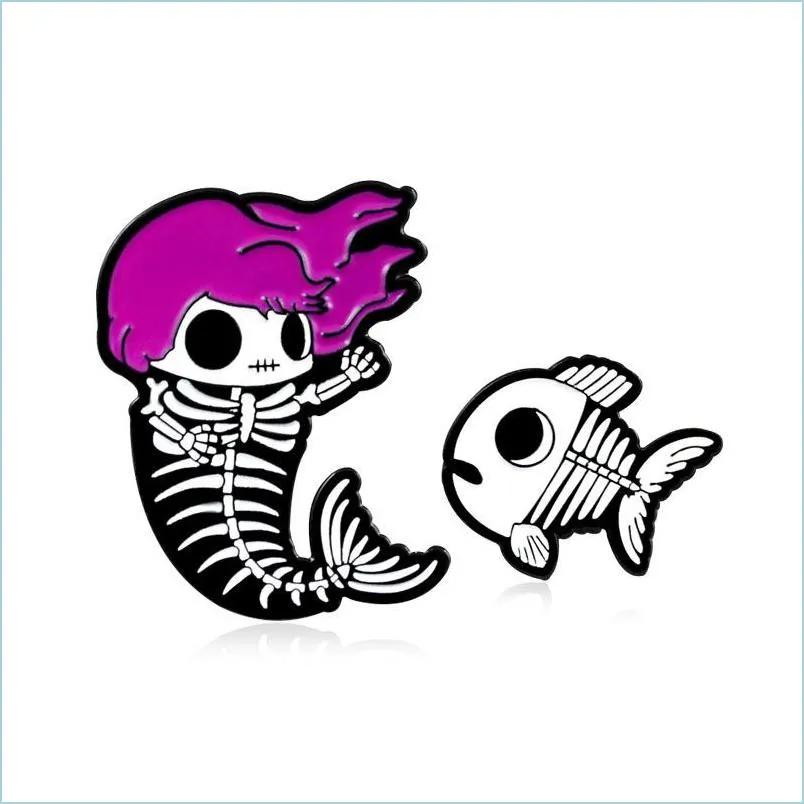 Pins Brooches Mermaid Pins Skeleton Fishbone Brooch Purple Hair Fish Bone Kids Enamel Badge 1476 D3 Drop Delivery Jewelry Dhgarden Dhkem