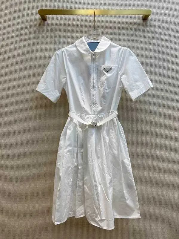 Casual Dresses Designer College Style Shirt Dress Casual Simple Midje Crimping Kort ärm Lång kjol Summer High End S04T