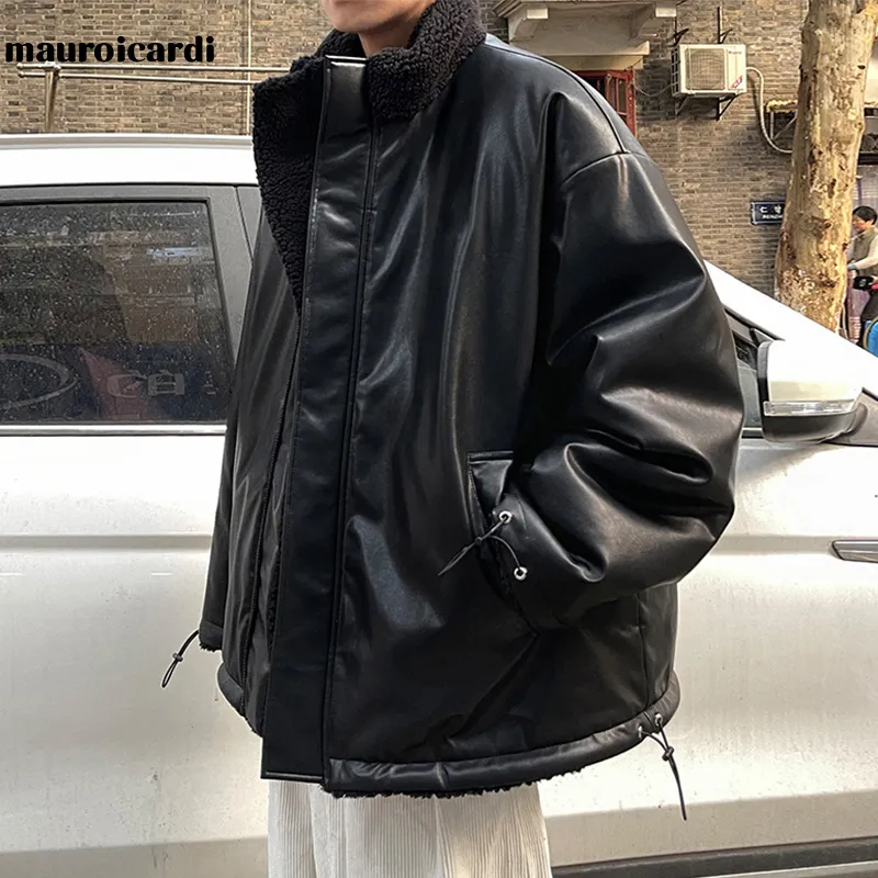 Hommes Down Parkas Mauroicardi Hiver Surdimensionné Chaud Épais Veste En Cuir Réversible Hommes avec Polaire À L'intérieur Zip Up Casual Lâche De Luxe Mode 221128